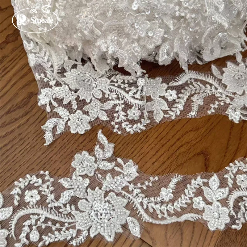 3 Yards hochwertiger weißer Perlenstickerei-Spitzenkopfschleier, Hochzeitskleid, dekorative Accessoires, handgefertigte Spitze zum Selbermachen – Detail 5