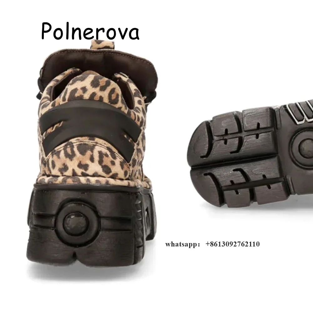 Botas de tornozelo com estampa de leopardo, sola grossa, bico redondo, primavera, decoração de metal, plataforma amarrada cruzada, sapatos punk