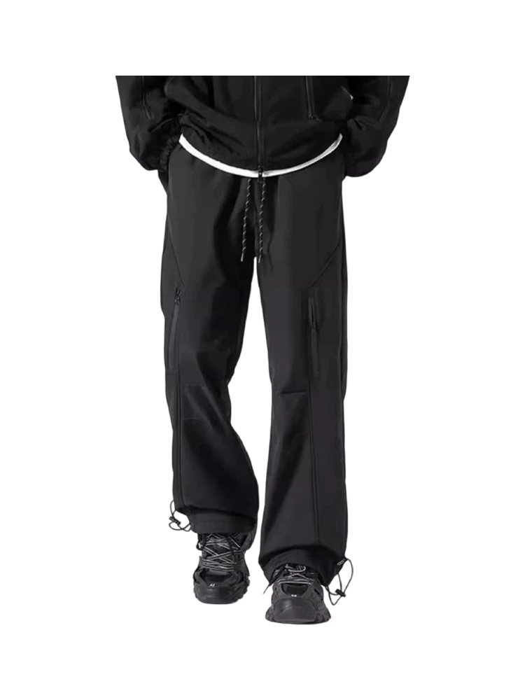 

Men's Autumn and Winter Fleece-Lined Thickened Casual Pants, American-Style Cool Black Cargo Pants, Water-Repellent Outdoor Sports Adventure Pants, Elastic Waistband with Drawstring, Drawstring at the Cuffs