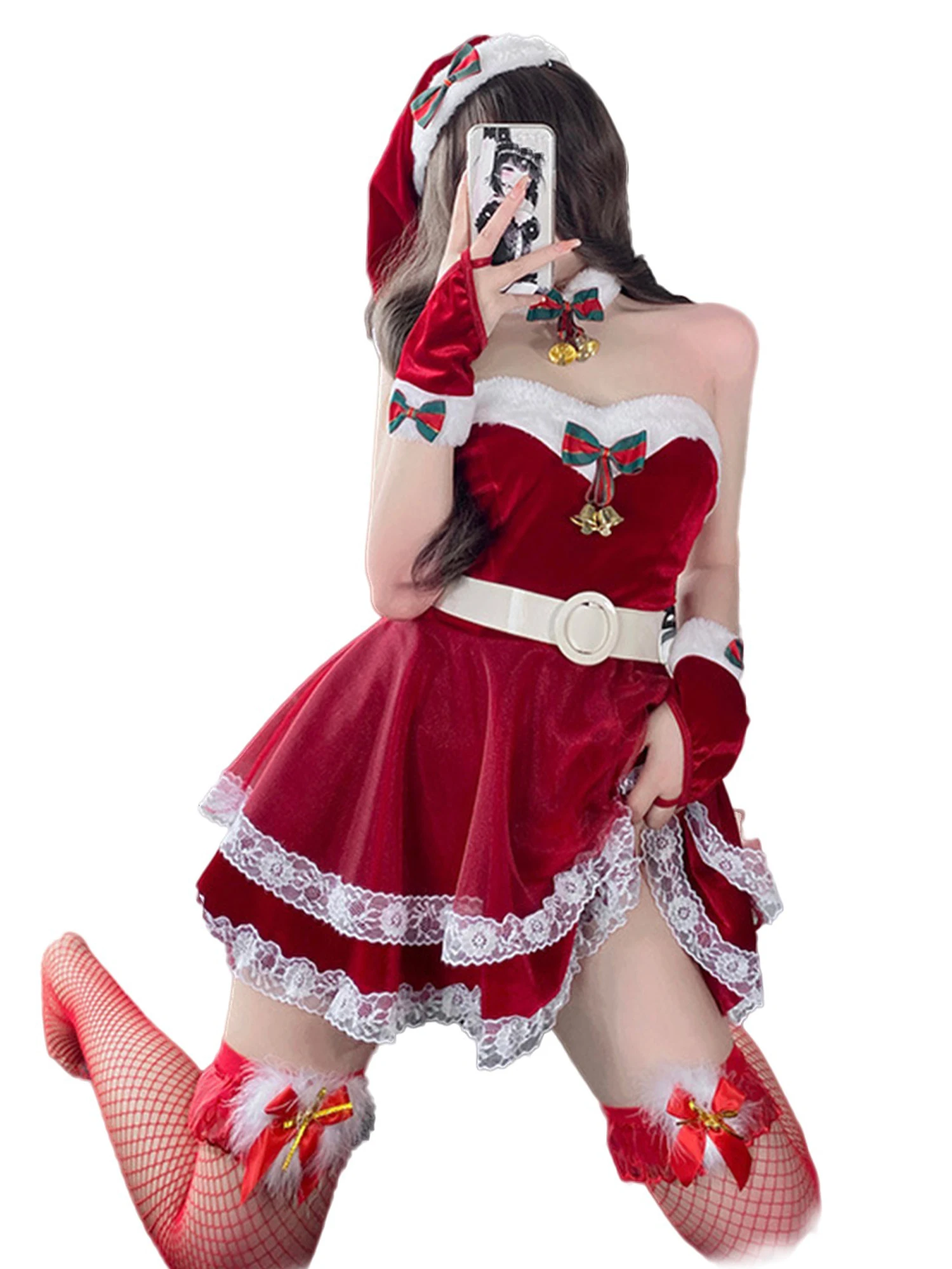 Womens Christmas Santa Dress Plush White Trim Velvet Dress Suit for Xmas Cosplay Costumes Holiday Santa Clause Nightwear