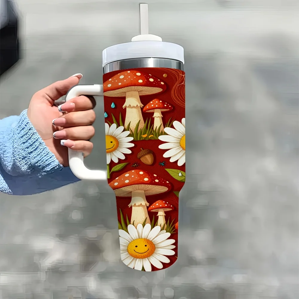1ps Halloween And Christmas 40Oz Stainless Steel Insulated Tumbler with Handle And Straw, Cute Cartoon Red Mushroom Smiling Sunflower Daisy Print Reusable Water Cup for Home Office Outdoor Travel Daily Drinking