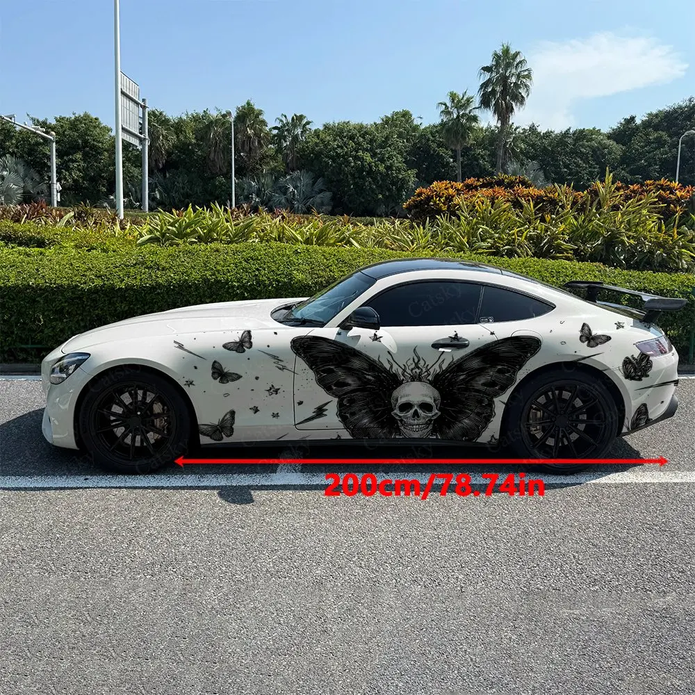 2pcs Crack Pattern Winged Skull Car Side Wraps, Self-Adhesive PVC Waterproof & Scratch-Resistant Stickers, Car Accessory Gift