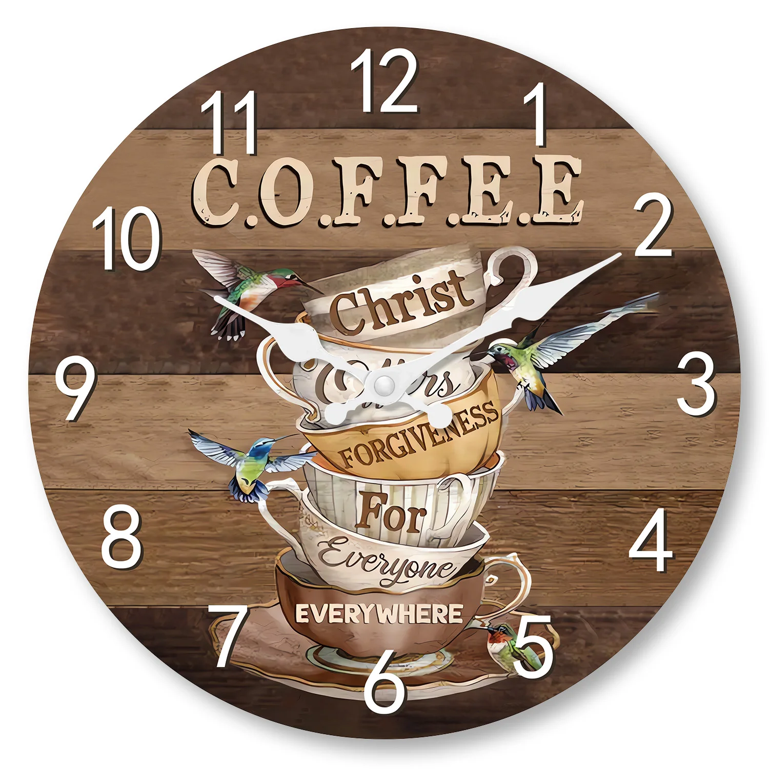 1pc hölzerne Wanduhr, schöne Kolibri und Kaffee gestaltete braune Wanduhr, stumme Uhr zu Hause, dekorative Uhr des Coffeeshops