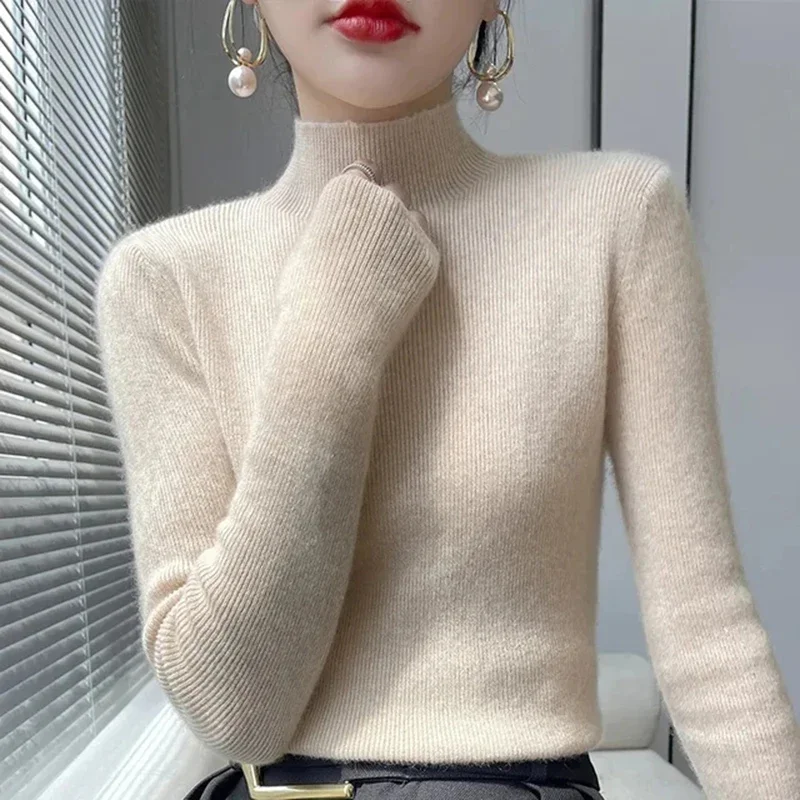 

Solid Sweater Women Half Turtleneck Knitted Pullovers Harajuku Korean Thick Knitwear Autumn Winter Rib-knit Top Slim Jumpers