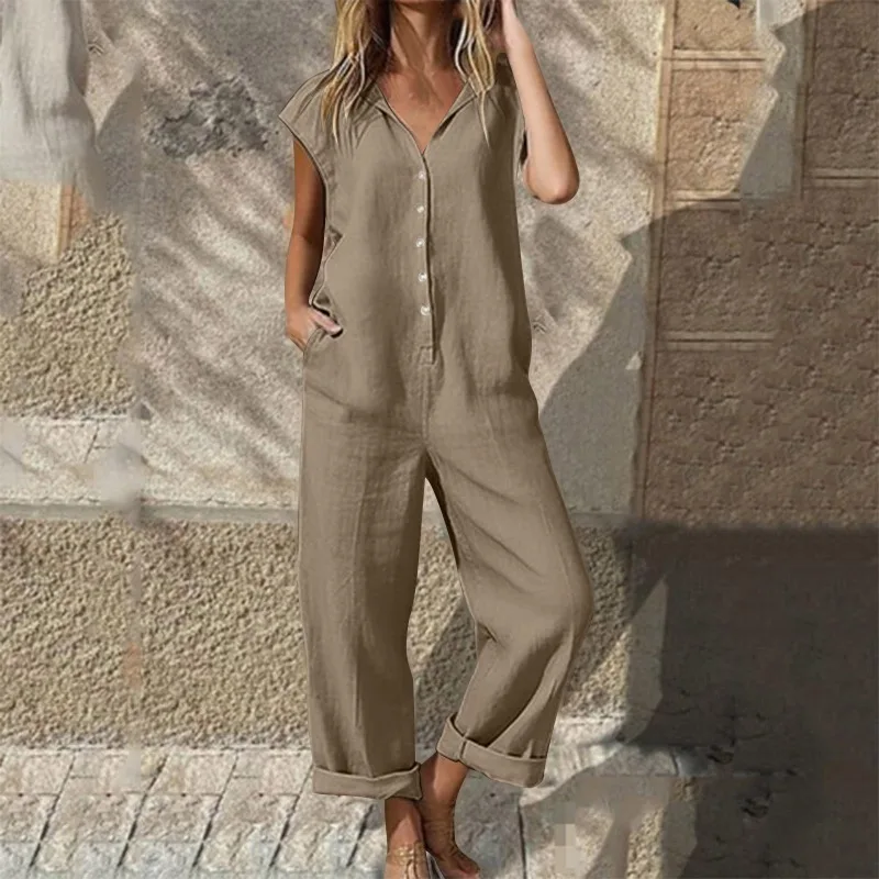 European American Casual Women Sleeveless Cotton Jumpsuit V Neck Pocket Solid Color Rolled Ankle Loose Overalls