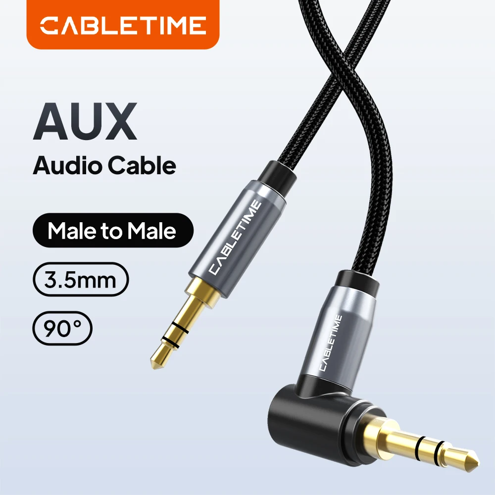 CABLETIME AUX Audio Cable 3.5mm Male to Male 90 Degree Auxiliary Audio Headphone Speaker Cable for Car Headphones Xiaomi Beats