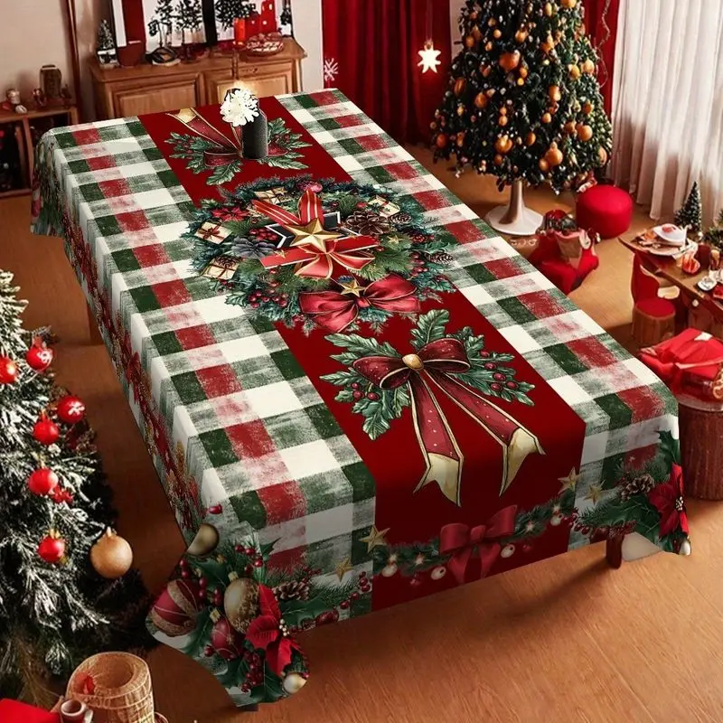 VIKAMA Xmas Holiday Reusable Tablecloth Plaid Wreath Bow Holly Berry Border Pattern Table Cover For Family Dinner Kitchen Decor