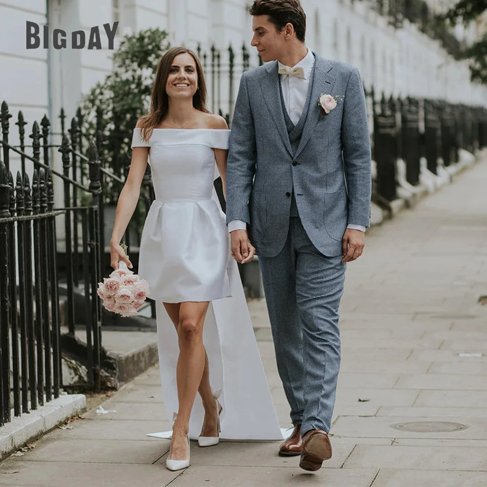 Vestido De novia corto elegante 2025 con hombros descubiertos, lazo sin tirantes, espalda abierta, vestido De novia sencillo De satén, Vestidos De novia personalizados