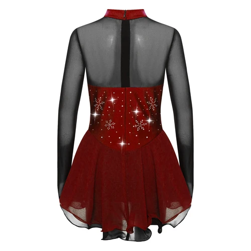 Imagen 2 del producto Vestido de patinaje artístico para gimnasia para niñas, vestido de leotardo con tutú de manga larga de malla con diamantes de imitación, traje de baile de Ballet puesta en escena