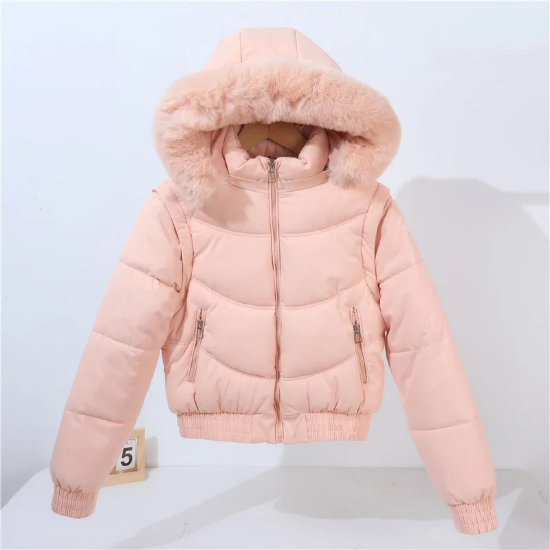 Thick Parkaa Women Fur Collar Warm Short Coats Zipper Hooded Slim Fit Casual Solid Jacket High Waist Jackets Autumn Winter