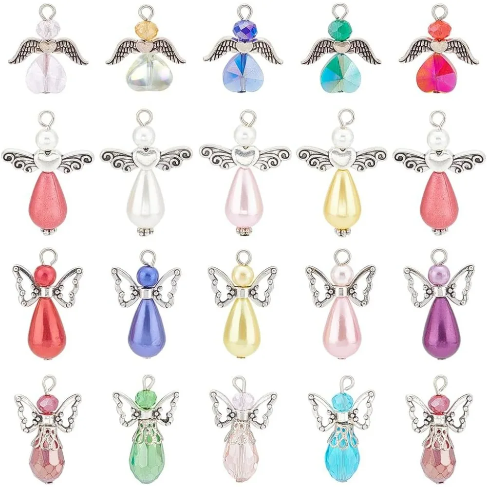 60Pcs Angel Charms Bulk Angel Beads Guardian Angel Wing Bead Heart Faceted Glass Beads Love Beading Fairy Charms making kit