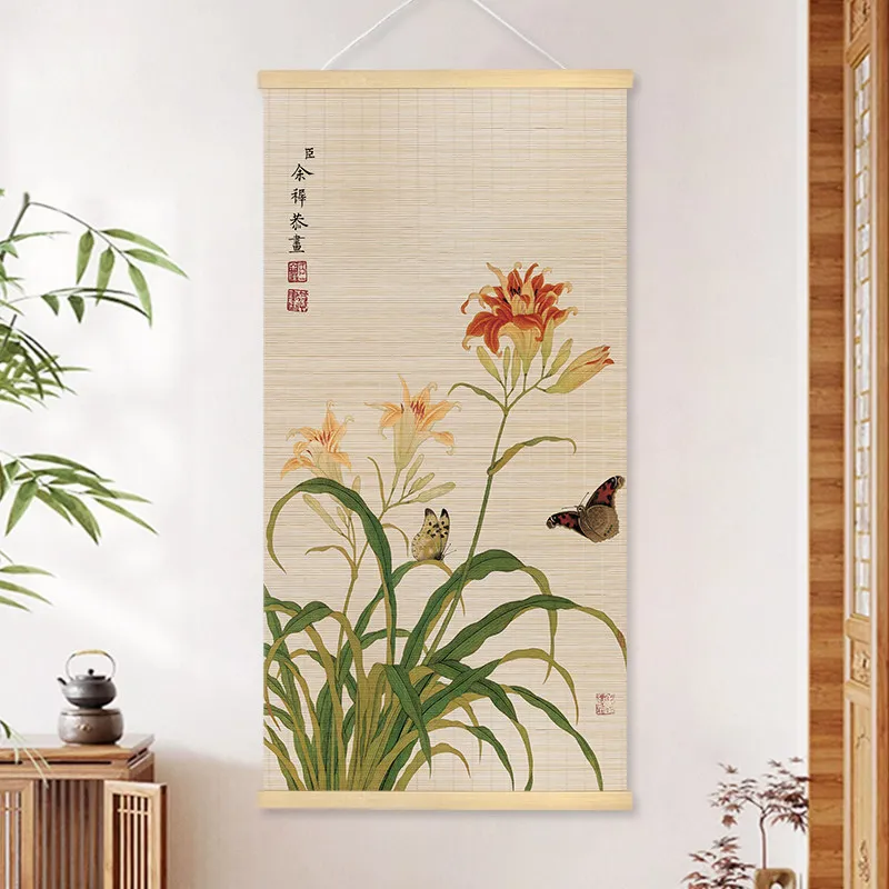 Paintings Floral Bird Bamboo Scroll Wall Art Zen Minimalism Calm Serene for Spa Yoga Studio Meditation Nook Mindful Living