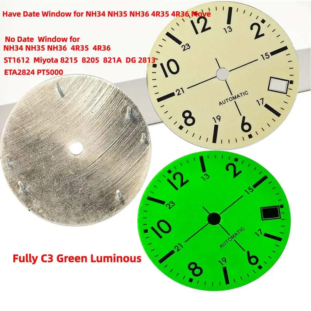 28.5mm 33.5mm pilot's Watch Dial Fully C3 Green Luminous NH35 Day Date PT5000 Literal Fits for SKX Watch ST1612 ETA 2824 Move