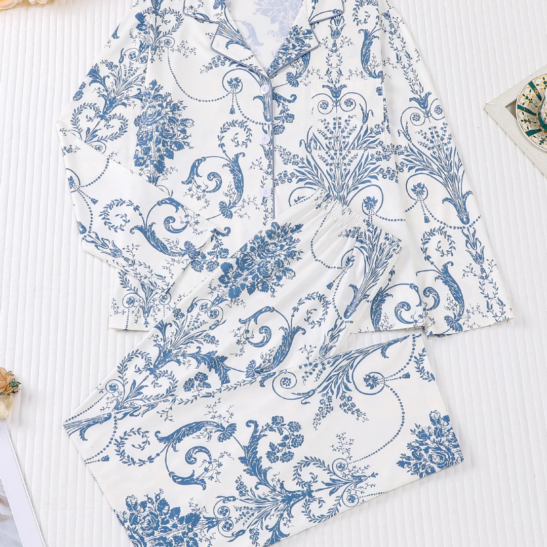 

Белый женский пижамный комплект на рождественскую тематику с синими лацканами с принтом, длинными рукавами и длинными брюками, домашняя одежда, подарки