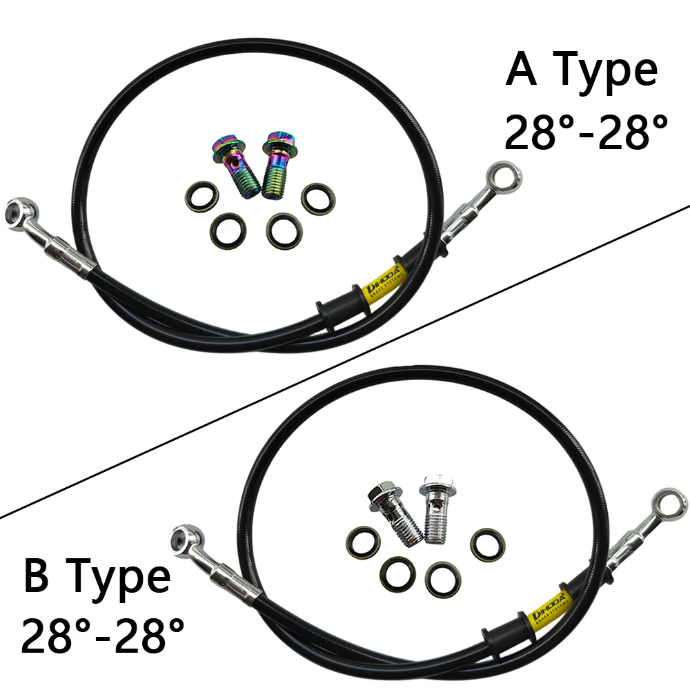 28°-28° Black Braided Stainless Steel M10 Banjo Bolts 40/60/80/160/200cm Motorcycle Hydraulic Brake Line Oil Hose Pipe A Set