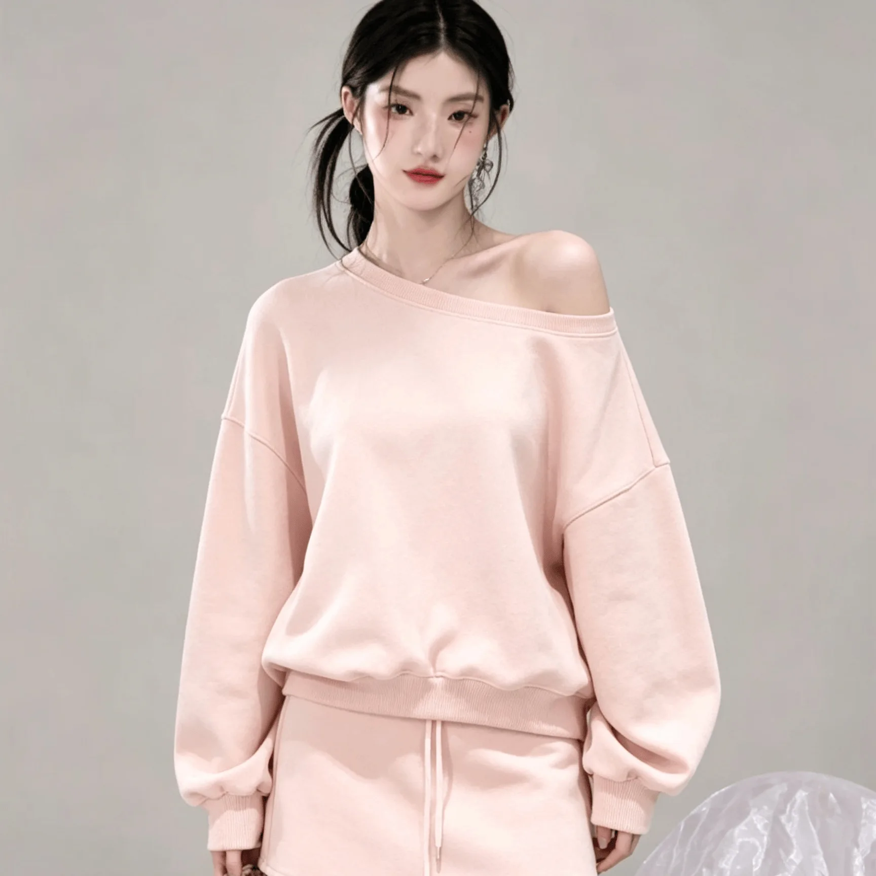 Pink Peach Casual Set Women's Shoulder-baring Sweatshirt And  Skirt Early Spring Gentle Leisure Pink Outfit for Ladies