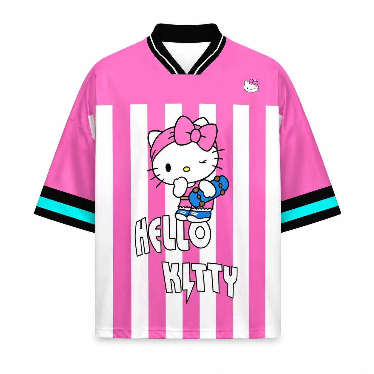 Pink White Striped Hello Kitty V-Neck Oversized Jersey Cute Skate Cartoon Front Back Print Kawaii Streetwear Casual T-shirt view 5