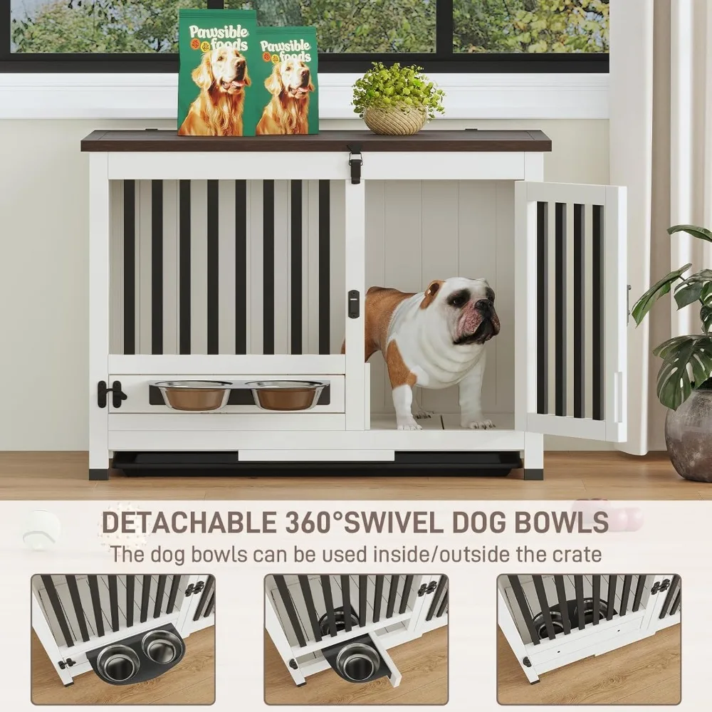 Dog Crate Furniture, 33 Inch Dog Kennel Portable Foldable Solid Wood Dog Cage Side ，Table 360° Rotating Feeder Detachable Tray