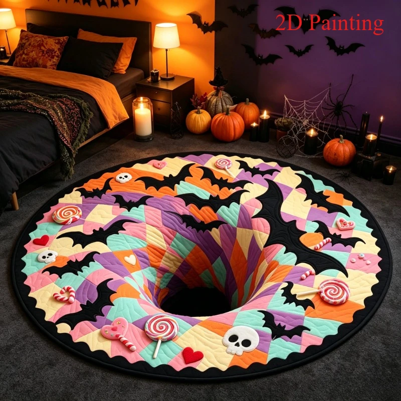 Halloween 3D Hellfire Pit Round Rug Vintage Stone Brick Optical Illusion Area Carpet for Spooky Holiday Home Decoration