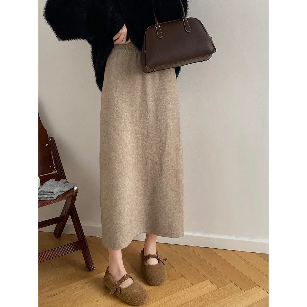 New Fashion Knitted Skirt Women for Autumn Winter Spring Korean Style High Waist Elastic A-line Long Skirt Christmas Red 7-5