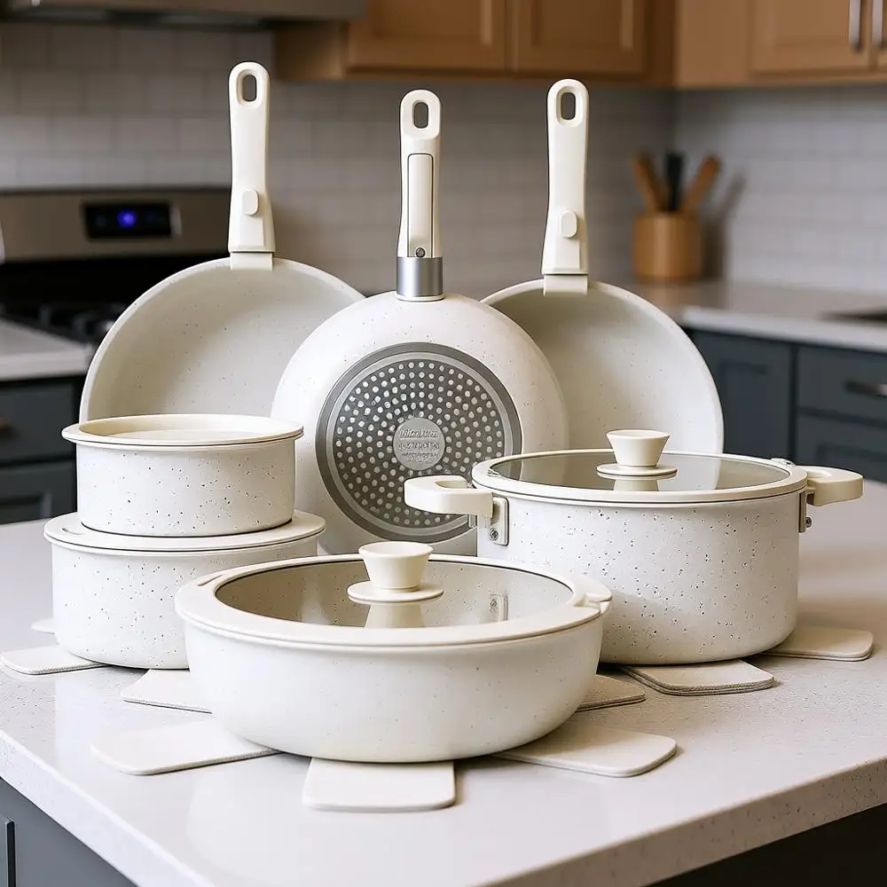 

Набор посуды из 22 предметов с антипригарным покрытием и съемными ручками, большой емкости, нетоксичный, совместим с индукционными плитами и автодомами, можно мыть в посудомоечной машине