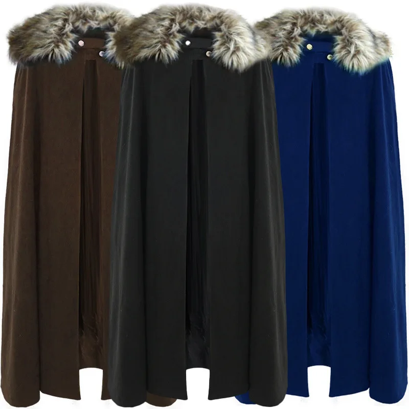

Halloween Men's Woolen Cape Solid Color Fur Collar Steampunk Shawl Cloak Coat Sweater Collar Coat Cosplay Vintage Cape