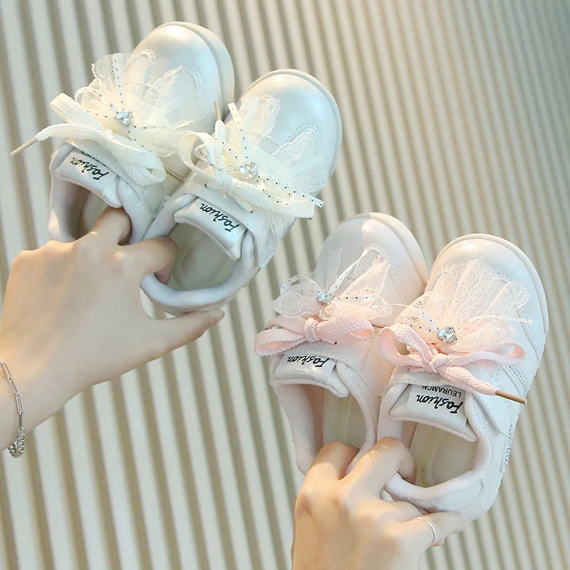 Girls Spring Autumn Mesh Bow Rhinestone Sneakers Anti-slip Soft-soled Shoes School Children Breathable Casual White Shoes Kids