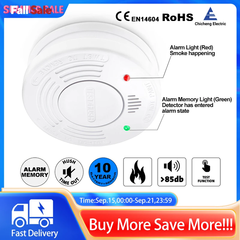 

Smoke Detector 10 Year Smoke Sensor Independent Fire Alarm CE EN14604 Certified With CR123A Battery LED Indicator Home Security
