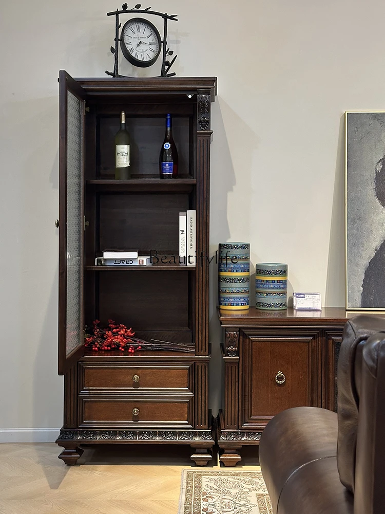

*American single-door wine cabinet pure solid wood decorative cabinet retro carved furniture