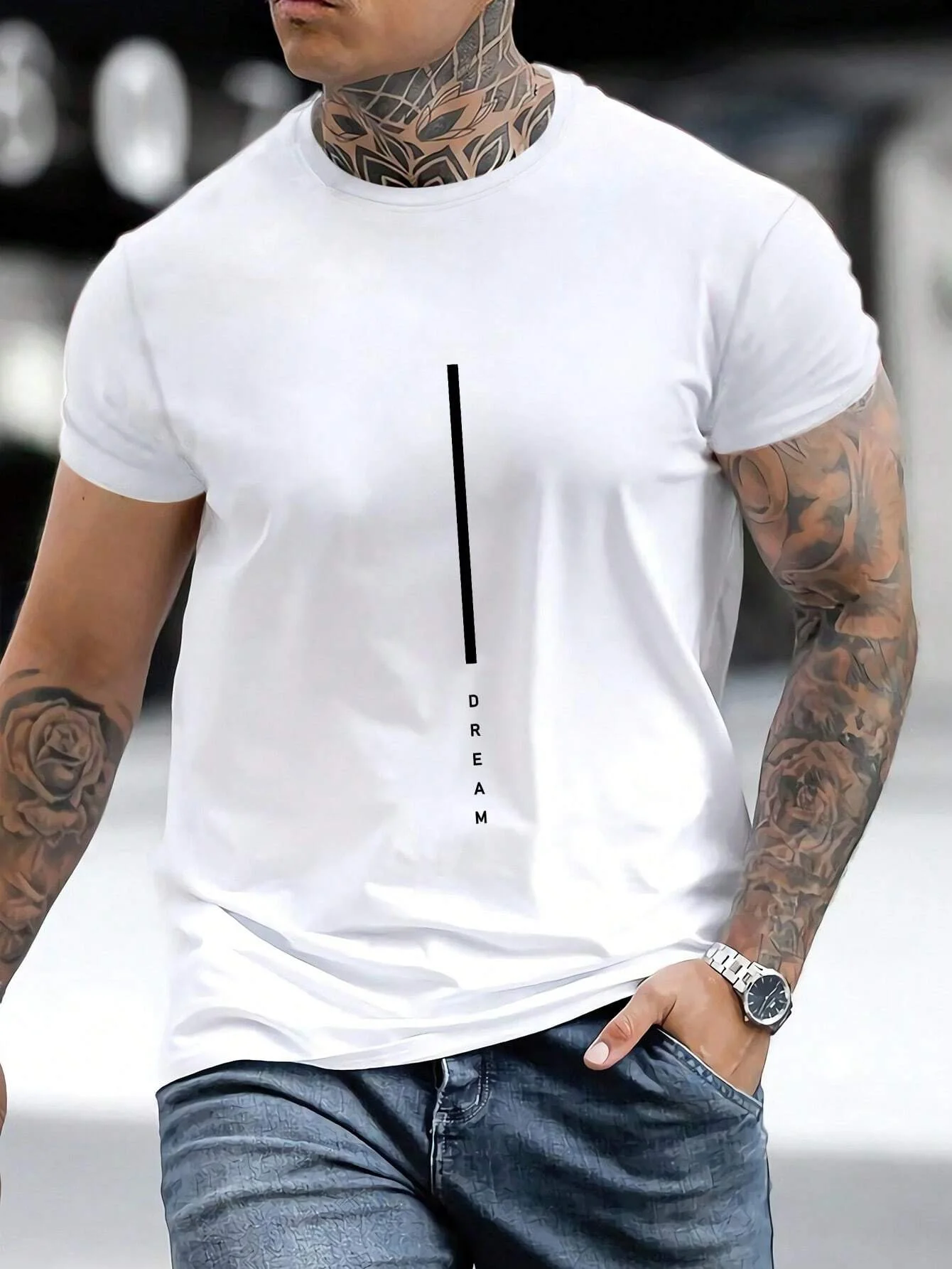 Men's 100% Polyester summer loose fit DREAM Letter printed slim fit casual sports round neck short sleeved T-shirt top