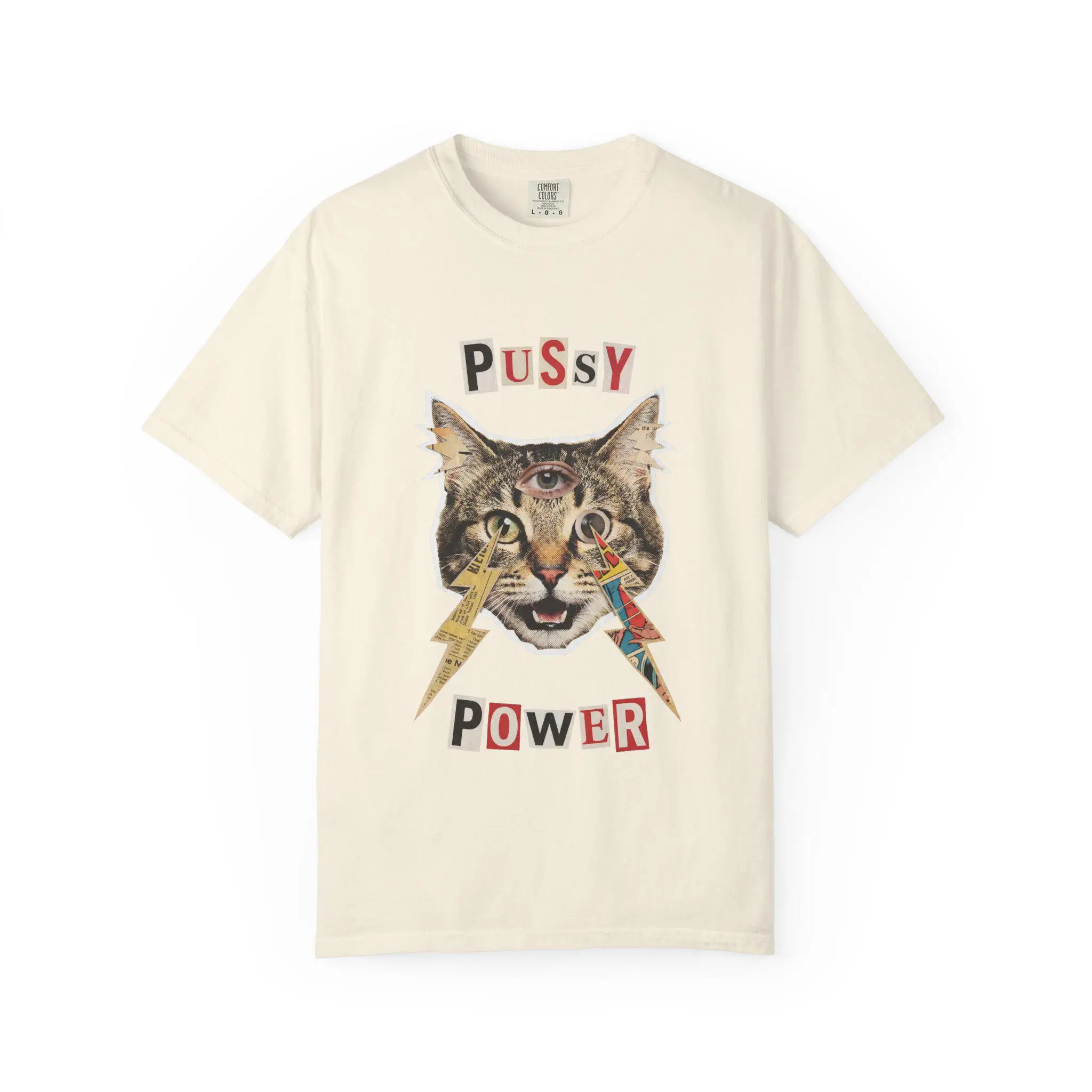 Pussy Power Tee, Feminist Cat Collage Shirt, Riot Girl Graphic, Gothic Third Eye Cat Top, Alt Y2K Aesthetic