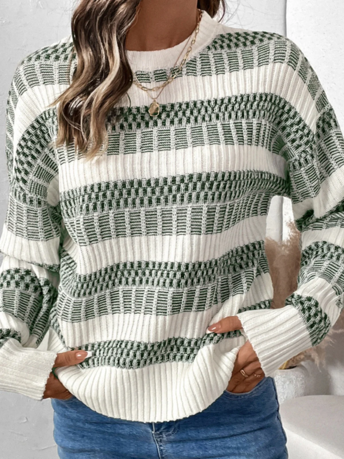 

Casual Striped Top with round Ne Thi Double Stripes Women's Sweatirt Sweet Sle Long Sve Straight Cut Chinese Brand