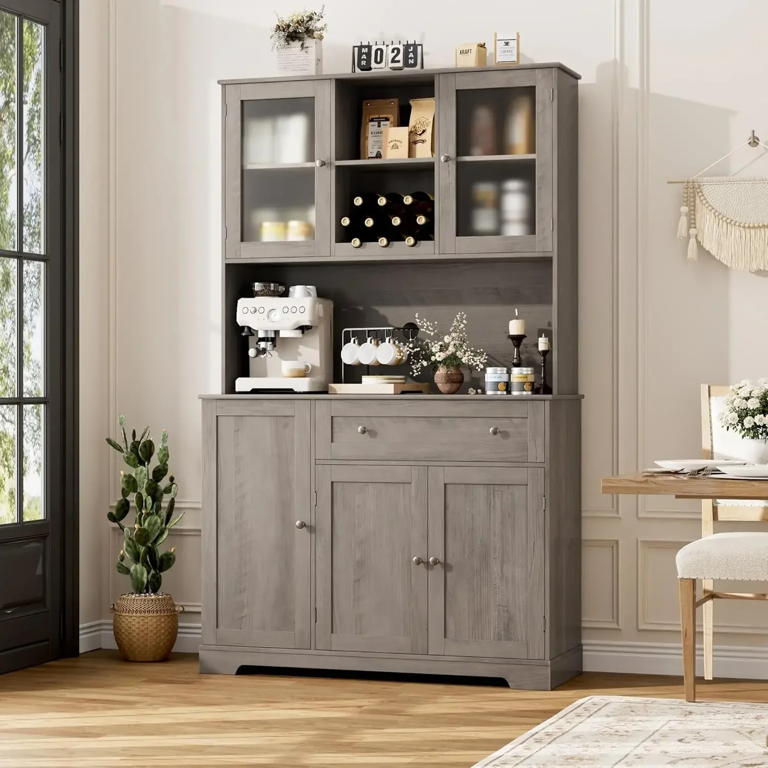 Kitchen Pantry Storage Cabinet, Buffet Cabinet with Hutch, Food Pantry Cabinet with Doors and Shelves  Dining Room, Ash Grey