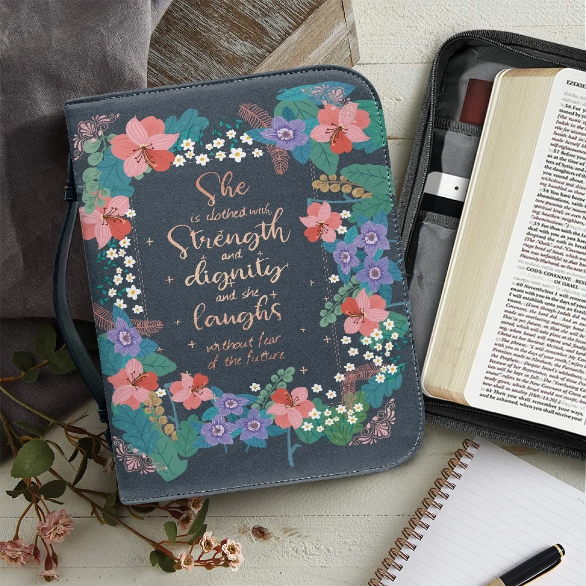 

FORUDESIGNS Women's Handbag Scripture Flower Design Bible Storage Bags Leather Material Bible Cover Case Zipper Handle Prayer