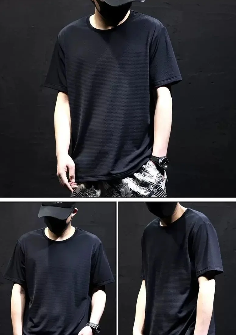 Summer Mesh Ice Silk T-shirt Men\'s Short Sleeve Round Neck 2023 New Half Sleeve Men Thin Solid Color Tees Top ﻿