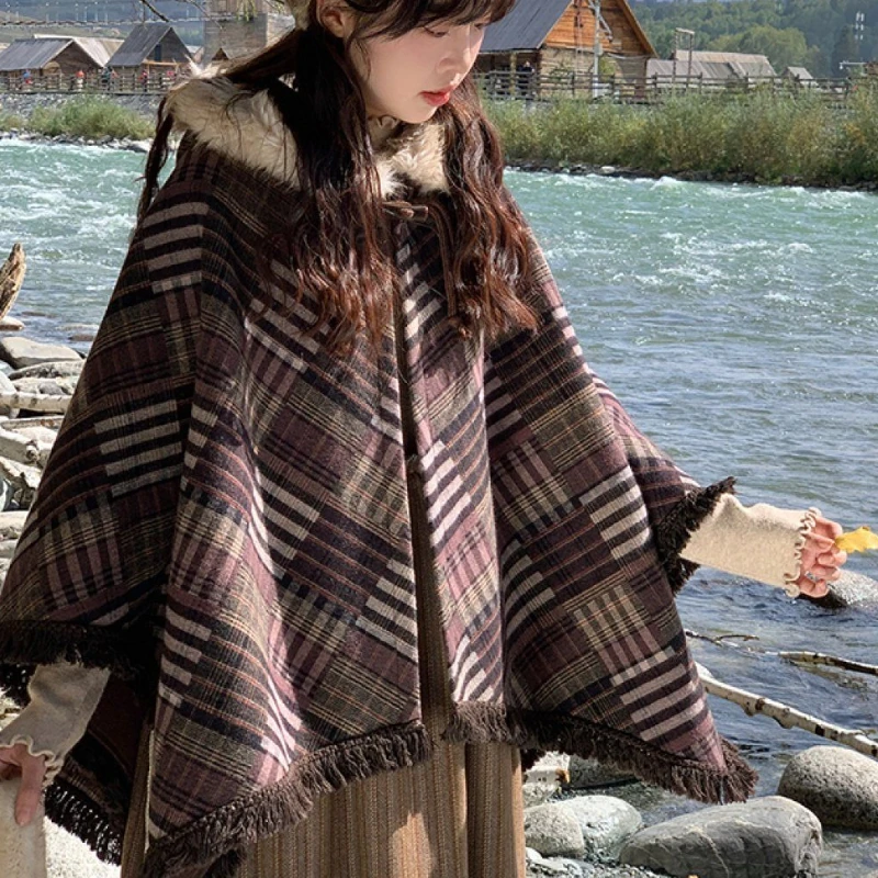 

Осень-зима, винтажный элегантный шерстяной плащ с капюшоном в стиле Лолиты, женский милый шаль с кисточками JK, верхняя одежда, милое теплое твидовое пончо, пальто