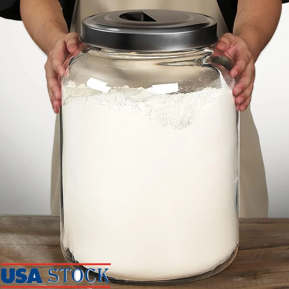 

Large Glass Storage Jars with Metal Lids 5 Gallon Super Wide Mouth Heavy Duty Canisters Flour Rice Dog Food Organization