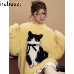 Chinese Fluffy Sweater Female Kitten Bow Loose Fit Wind Long Cute Knitted Top LOOSE FIT Womans Long Sleeve Pullovers