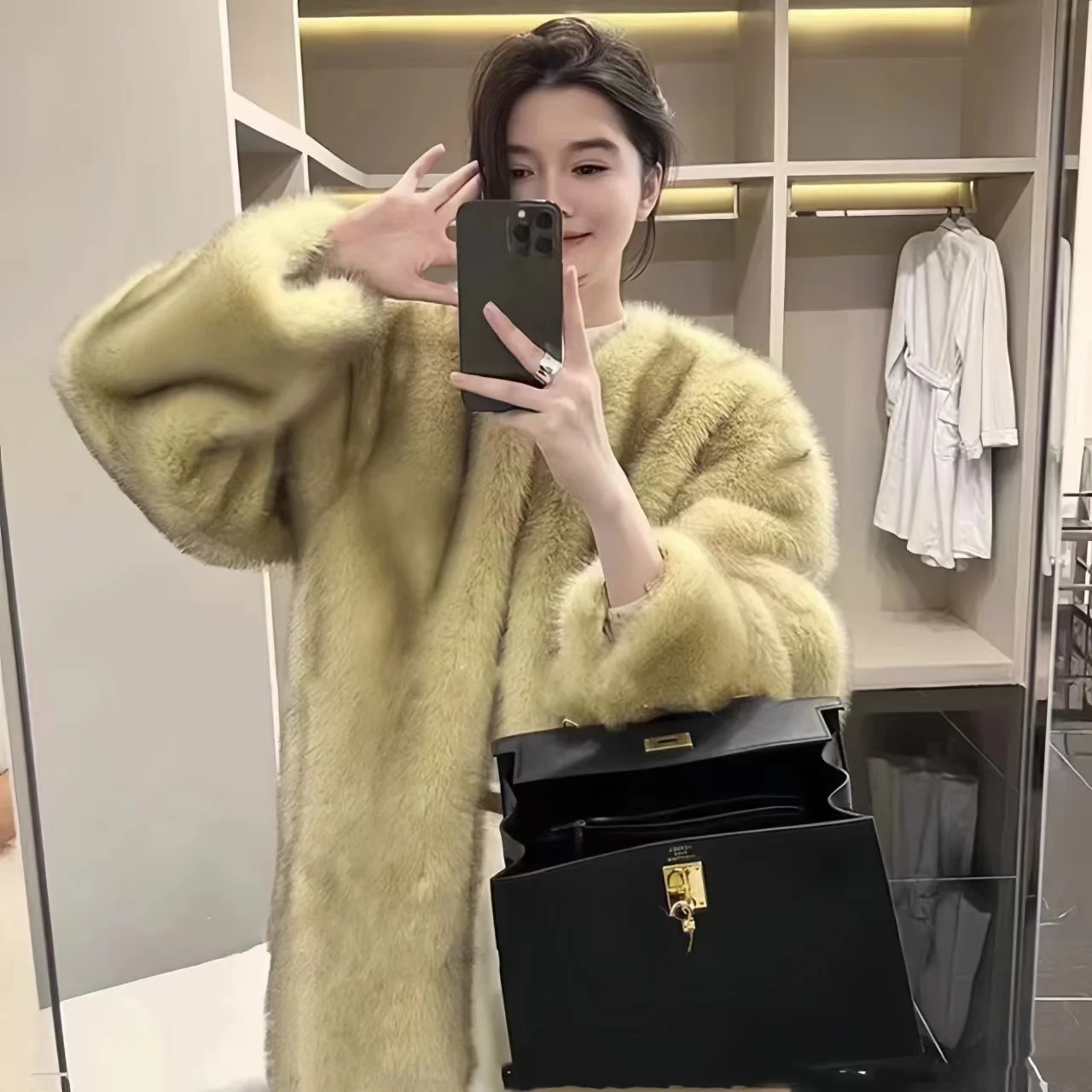 Open Stitch Faux Fox Fur Coat for Women, O-Neck Long Jacket,Thick Warm Clothes,England Style,Autumn and Winter, 2024