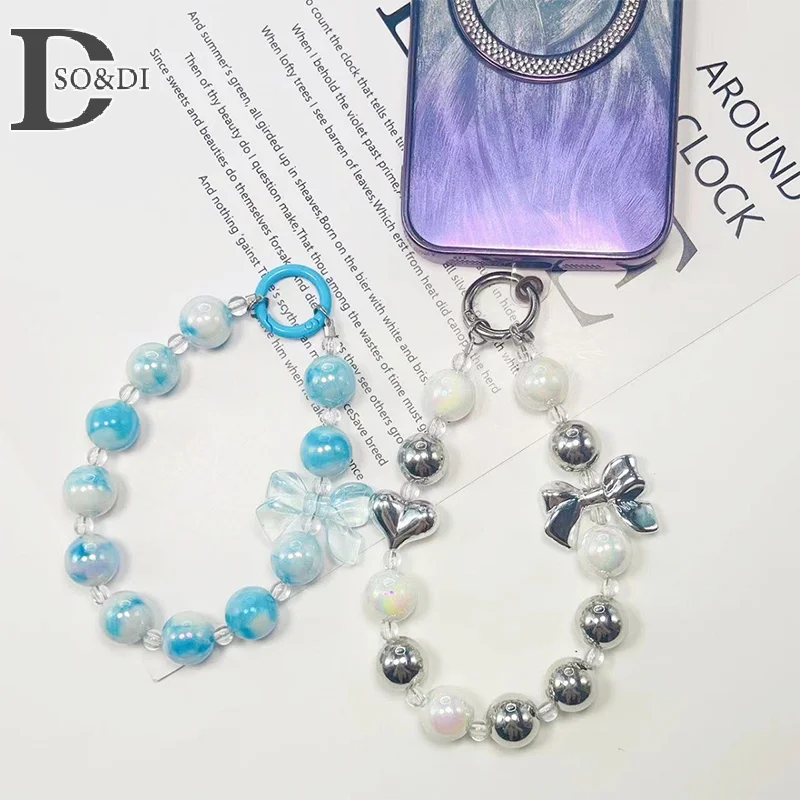 Colorful Lanyard Bow Heart Beaded Bracelet Round Square Beads Phone Charms Mobile Phone Wrist Strap Acrylic Anti-Lost Chains