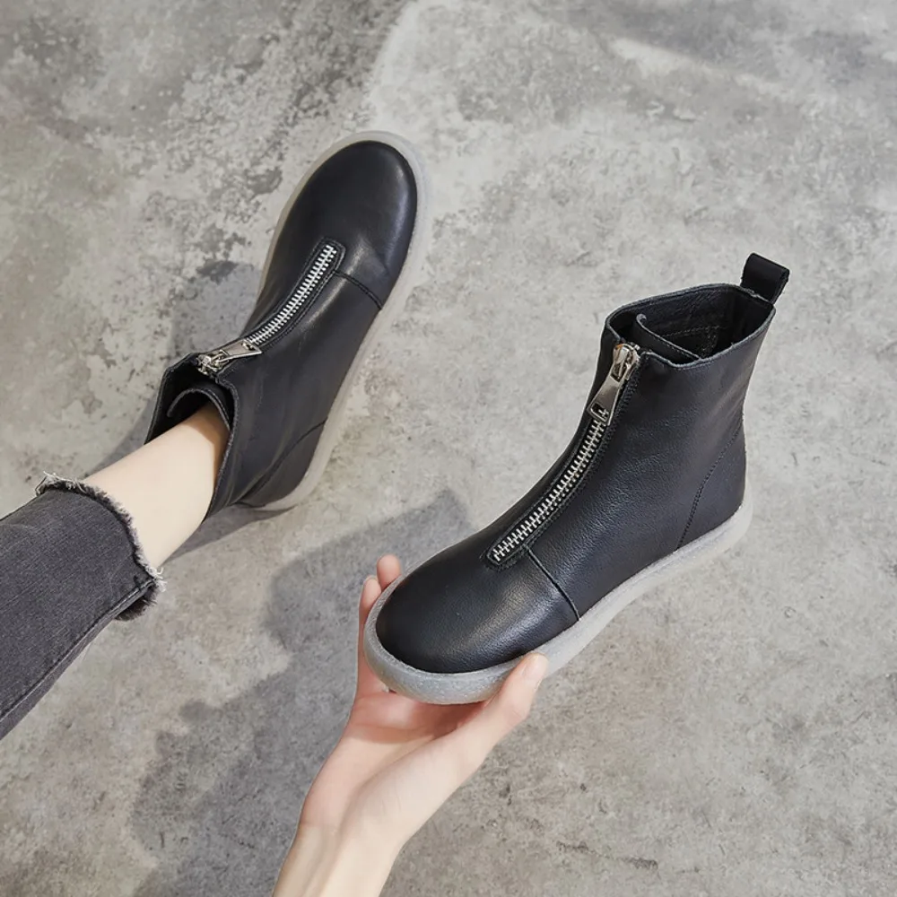 Short Boots Women\'s New Autumn Winter Cow Tendon Soft Soled Women\'s Boots Casual High Top Women\'s Shoes Front Zipper Boots