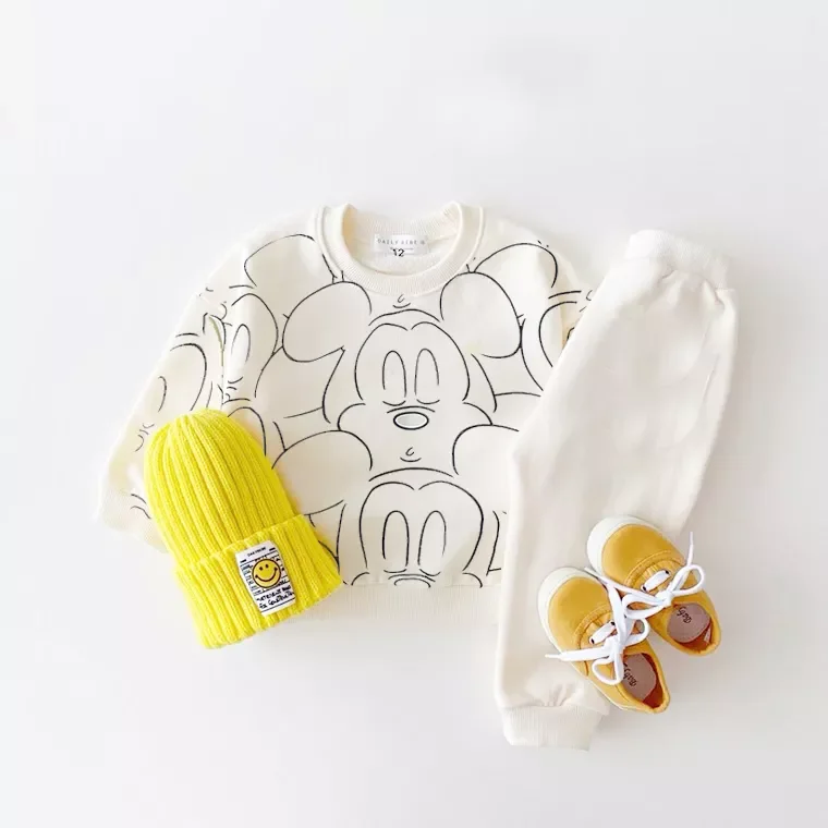 Brand Autumn Clothes Set Mickey And Minnie Print Hoodies Casual Sports 2PCS Toddler White Suits Cartoon Cotton Tops+Sweatpants