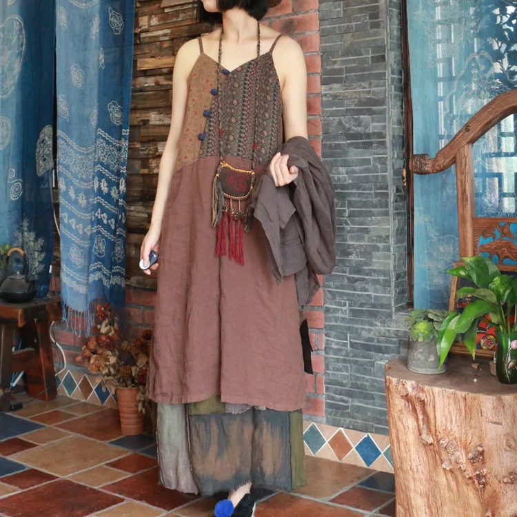 

Ретро-платье женское хлопково-льняное с цветными блоками и пэчворком, на пуговицах, свободного кроя, с лямками, для ношения под одеждой, лето 2024