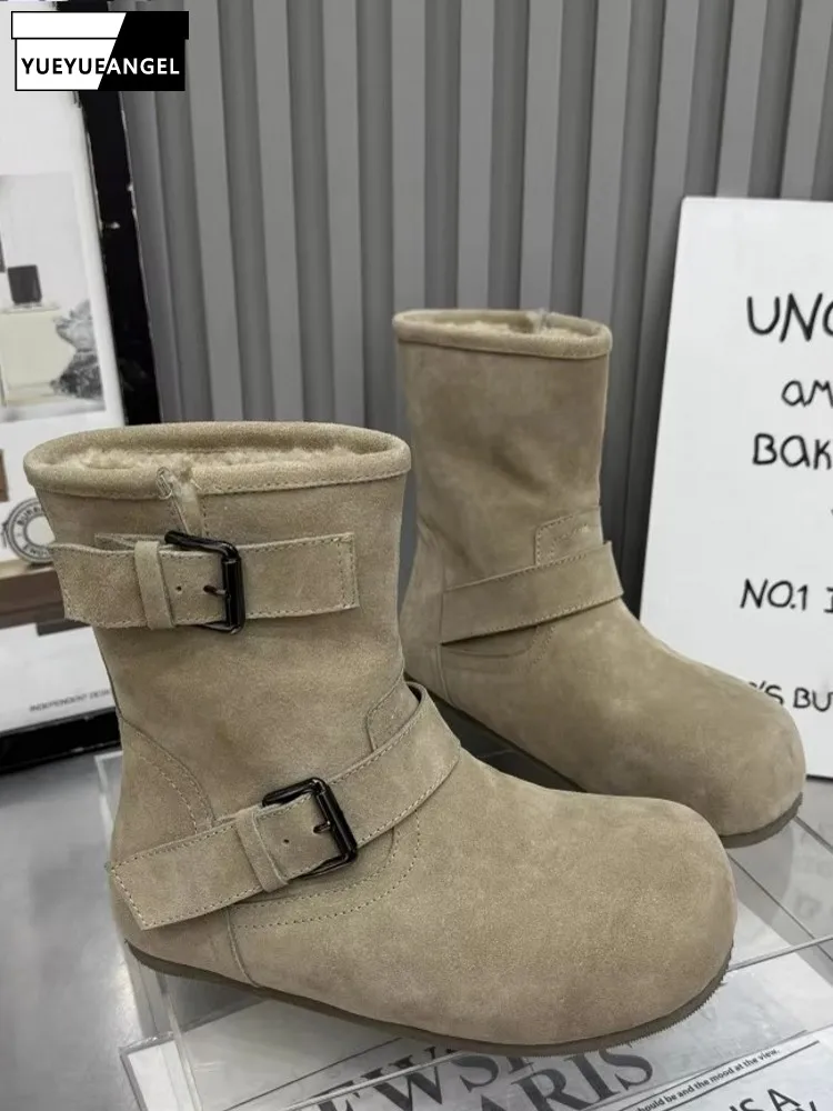 Warm Cow Suede Women High Top Shoes Fleece Lining Snow Boots Autumn Winter Flat Bottom Height Increased Ankle Footwear Hot Sale