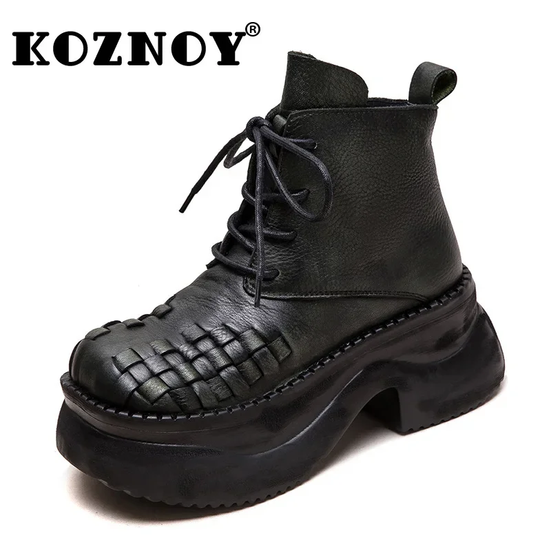 Koznoy 6.5cm Weave Cow Genuine Leather Moccasins Chimney Ladies Women Ankle Booties Fashion Spring Boots Autumn Motorcycle Shoes