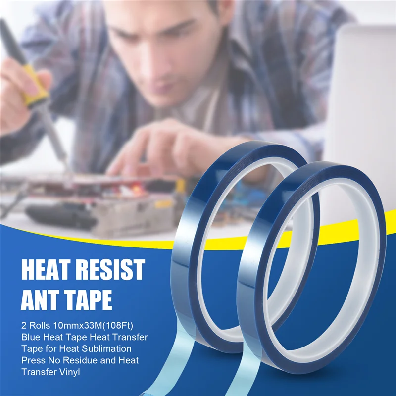 2 Rolls 10Mmx33m(108Ft) Blue Heat Tape Heat Transfer Tape For Heat Sublimation Press No Residue And Heat Transfer Vinyl