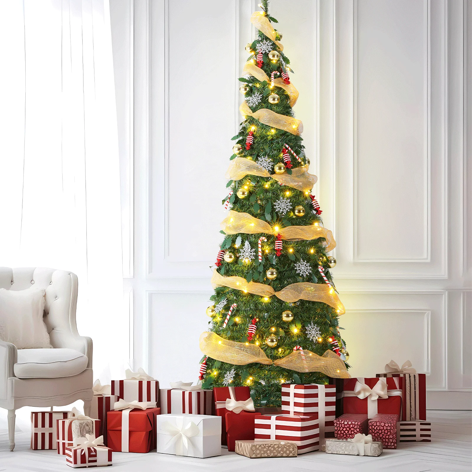 

Pre-Lit Christmas Tree Collapsible Christmas Tree w/ Warm White&Colored Light Ornaments, Ribbon, 11 Modes for Holiday Xmas Decor