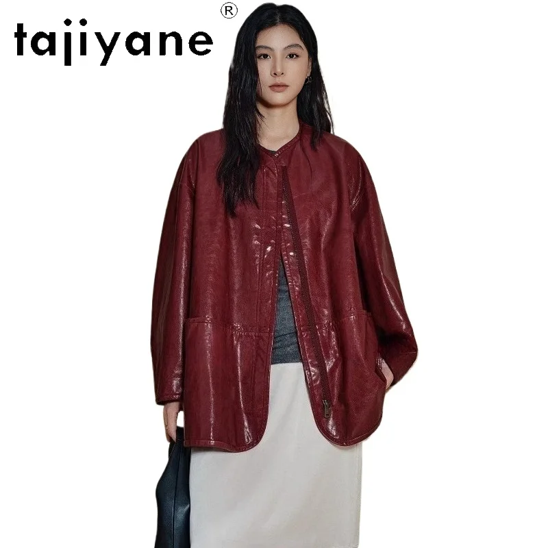 TAJIYANE Echte Ziegenleder-Lederjacken, mittellanger O-Ausschnitt-Mantel, übergroße Echtlederjacke für Damen, 20225, Herbstkleidung zhrбка