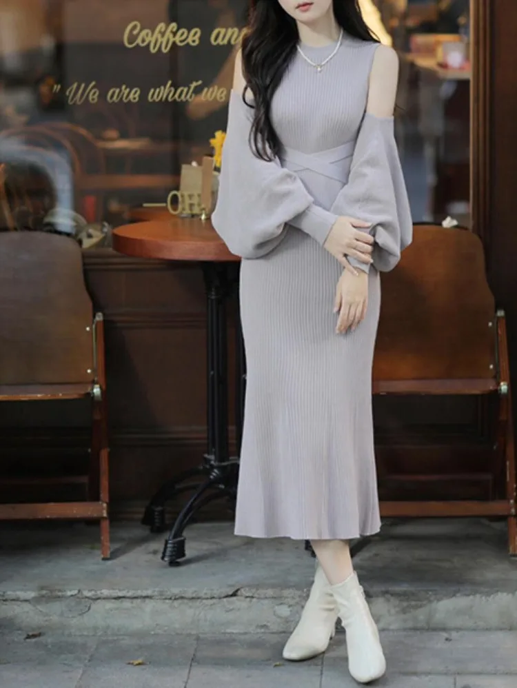 Off Shoulder Sweet Thousand-Dollar Lantern Sleeve Shirt+Thread Knitted Skirt 2024 Autumn Winter New Japanstyle Female Suits