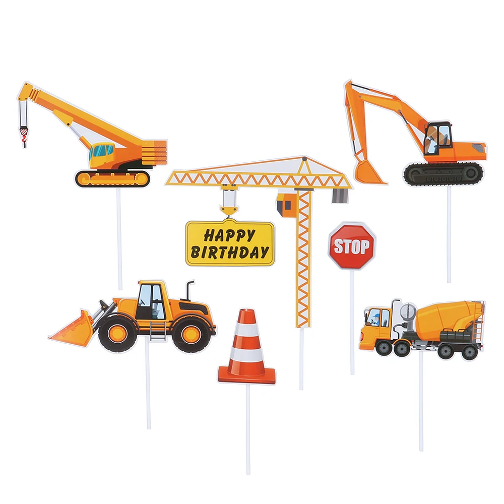 Cute Cake Topper Mini Construction Crane Truck Road Sign Birthday Theme Party Supplies for Kids Boys Cupcake Topper Decoration